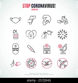Set of Covid-19 protection icons. Coronavirus awareness simple line icon collection. Stay Home, Hands Wash, Wear Face Mask etc. Vector illustration. Stock Vector
