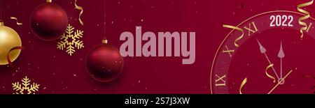 Happy New Year long banner. Festive red background with hanging gold and red balls. snowflakes and clock. Desifn template for web header, banner, invitation to nightclub. Golden wall clock with 2022 and roman numbers. Stock Vector