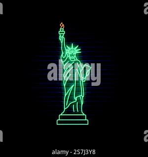 Neon Statue of Liberty, famous New York landmark. Glowing Statue of Liberty icon on brick wall background. Bright light signboard. Vector illustration. Stock Vector