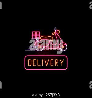 Neon delivery scooter sign. Glowing food delivery emblem with courier motorcycle and text on brick wall background. Vector fast food concept illustration. Stock Vector