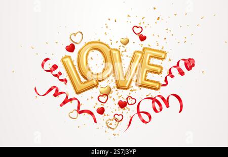 Inscription love helium balloons on a background of golden confetti and red swirling streamer ribbons Happy Valentines Day festive background. Vector illustration EPS10. Inscription love helium balloons on a background of golden confetti and red swirling streamer ribbons Happy Valentines Day festive background. Vector illustration Stock Vector