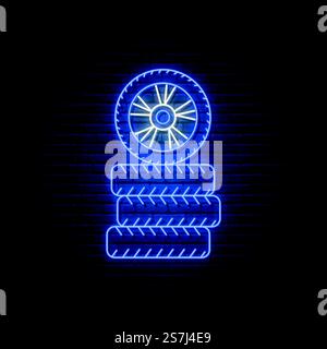 Tire neon sign. Bright neon signboard for car shop or service. Glowing neon tire set isolated on dark brick wall background. Vector illustration. Stock Vector