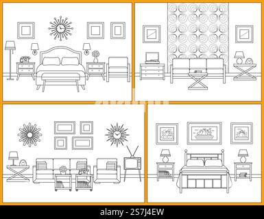 Living room and bedroom interiors. Linear rooms with furniture. Retro house scene. Flat line art design. Living room and bedroom interiors. Vector illustration. Stock Vector
