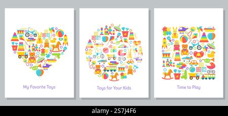 Baby toys cards stylized in shapes of heart, circle and square. Kids toy print. Vector. Set children icons isolated on white background. Cartoon illustration. Flat design. Cute colorful banner.. Baby toys card. Vector illustration in flat design. Stock Vector