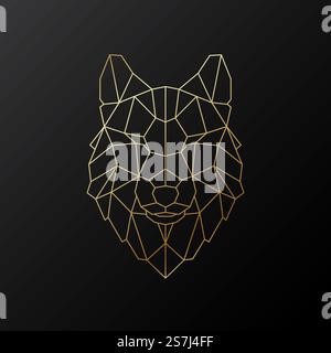 Vector Wolf head illustration in polygonal style. Golden geometric Wolf silhouette on black background. Vector mascot. Stock Vector