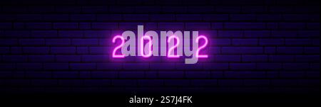 2022 neon sign. Glowing pink number 2022 on dark brick wall background. Happy New Year neon signboard. Stock vector illustration. Stock Vector