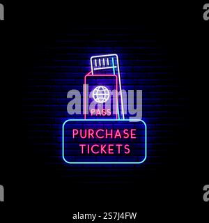 Neon tickets sign. Glowing boarding pass icon on brick wall background. Vector illustration in neon style. Stock Vector