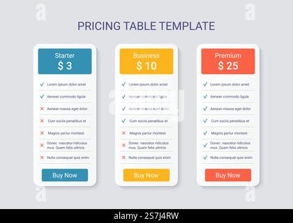 Price table plans. Comparison data template. Pricing chart grid with 3 columns. Vector. Price table comparison template with 3 columns. Vector illustration. Stock Vector