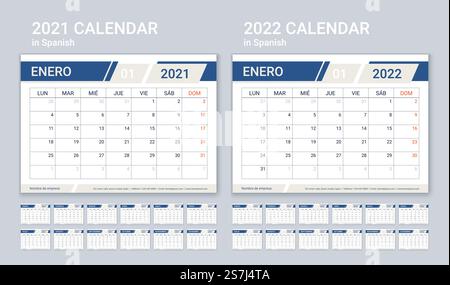 2021 2022 Spanish calendar. Planner template. Week starts Monday. Calender layout with 12 month. 2022 planner. Spanish calendar template. Vector illustration. Table schedule grid. Stock Vector