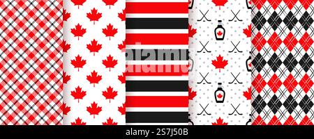 Canada seamless pattern. Vector. Happy Canada day textures with maple leaf, stripe, syrup, hockey stick, plaid and rhombuses. Set of Canadian prints. Red black illustration.. Canada seamless pattern. Vector illustration. Happy Canada day textures with maple leaf. Stock Vector