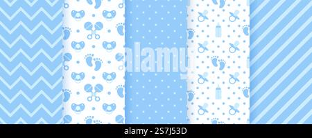 Baby blue seamless patterns. Pastel prints. Baby shower backgrounds. Vector.. Baby shower pastel patterns. Blue seamless backgrounds. Vector illustration. Stock Vector