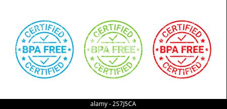 BPA free grunge stamp. No bisphenol icon round badge. Non toxic plastic label. BPA free badge, stamp. Non toxic plastic emblem. Eco packaging sticker. Vector illustration. Stock Vector