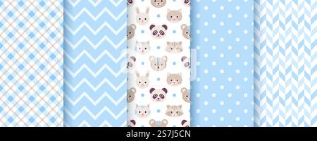 Baby boy pattern. Seamless backgrounds. Blue kids textures with animals, polka dot, zig zag and plaid. Blue pastel seamless patterns. Baby boy textures. Vector illustration. Stock Vector