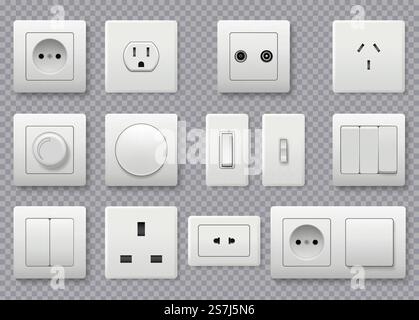 Wall switch. Power electrical socket different modern round switches vector realistic collection. Power electricity, outlet european and american illustration. Wall switch. Power electrical socket different modern round switches vector realistic collection Stock Vector