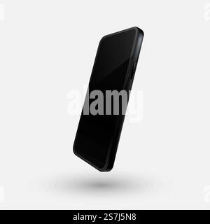 Detailed phone mockup, perspective view. Side view of cell phone with black screen. Vector Stock Vector