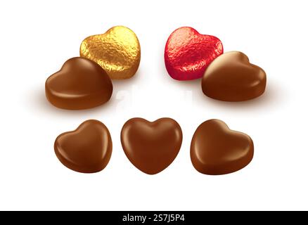 Set of realistic heart shaped chocolates wrapped in foil candy wrapper. Festive design element for Happy Valentines Day. Vector illustration EPS10. Set of realistic heart shaped chocolates wrapped in foil candy wrapper. Festive design element for Happy Valentines Day. Vector illustration Stock Vector