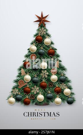 Realistic Christmas Tree with ornaments: cinnamon, orange slice, craft snowflakes, balls and star. Xmas greeting card. Scandi style. Happu New Year banner. Stock Vector