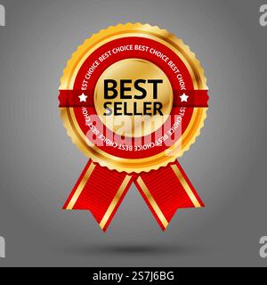 Premium golden and red Best Seller label with -Best choice- text around it. Isolated on grey background. Vector illustration. Premium golden and red Best Seller label with -Best choice- text around it. Isolated on grey background. Vector Stock Vector