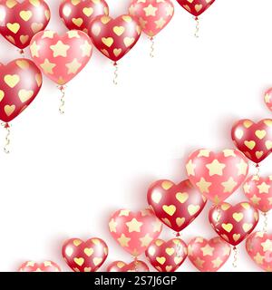 Happy Valentine&rsquo;s Day. Flying red and pink gel balloons in a pattern of golden hearts and stars Banner with place for text. Card Happy Birthday, International Women&rsquo;s Day.  . Banner with flying red balls Stock Vector