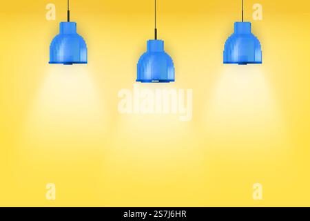 Interior of yellow wall with blue vintage pedant lamps. Duotone color fashion interior. Vector Illustration. Yellow wall interior with blue vintage lamps Stock Vector