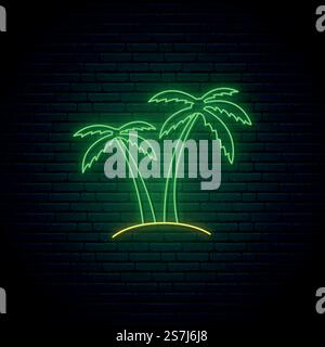 Neon palm sign. Glowing neon palm emblem on dark brick wall background. Bright light signboard with tropical palms. Vector illustration. Stock Vector