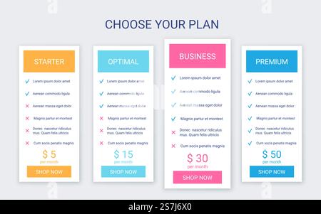 Pricing table template. Price chart grid. Comparison data plans. Vector. Spreadsheet page.. Price table comparison layout with 4 columns. Vector illustration. Stock Vector