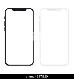 New version of black and white slim smartphone with blank white screen. Realistic vector illustration. New version of realistic black and white slim smartphone with blank white screen Stock Vector