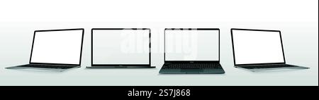 Great collection laptop from different angles and position. Notebook with blank screen. Mockup generic 3D Realistic devices. Side, top view and isometric. Set laptop for presentation product. Vector Stock Vector