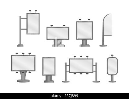 Blank big billboard with white lights on white background. A set of realistic mockups and templates for urban banners, posters and billboards for advertising and marketing promotion. Vector.. Billboard. Stock Vector