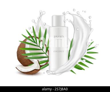 Realistic coconut. Cosmetics bottle, palm leaves and milk splashes. Realistic vector package mockup isolated on white background. Cosmetic organic bottle, coconut palm illustration. Realistic coconut. Cosmetics bottle, palm leaves and milk splashes. Realistic vector package mockup isolated on white background Stock Vector
