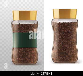 Coffee glass jar with instant coffee granules icons. Vector container package with brown lid and ribbon sticker isolated on white and transparent background for product packaging template. Instant coffee glass jar with isolated icons Stock Vector