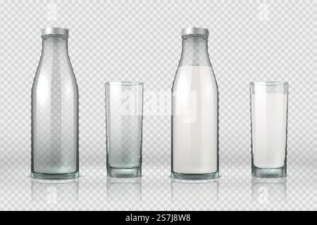 Glass and bottle with milk. Realistic empty, half full and full glass bottle, 3D mockup milk product. Vector set milky beverage in container on transparent background. Glass and bottle with milk. Realistic empty, half full and full glass bottle, 3D mockup milk product. Vector set on transparent background Stock Vector