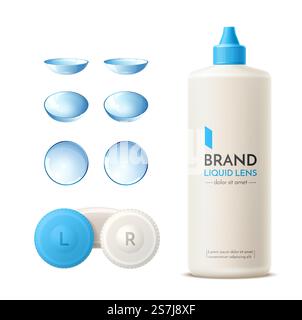 Vector realistic blue contact lens container, silicone lenses and cleaning solution bottle. Eyesight car product advertising elements.. Vector realistic contact lens container mock up Stock Vector