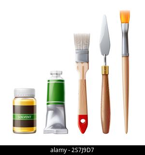 Realistic painter tools set. Oil paint tubes, brushes and palette knife with solvent bottle . Creative artist tools concept. Actylic painter colorful instruments. Vector elements.. Vector realistic oil paint tube brush for drawing Stock Vector