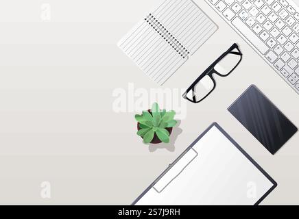 A set of personal items on a white background. Glasses with a keyboard. Phone with a tablet. Open laptop with notebook. Vector illustration EPS 10. keyboard and points Stock Vector