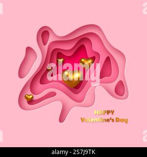 Valentines day holiday design. Paper cut style layered pink background with metallic golden hearts and greeting text. Vector.. Valentines day holiday design. Stock Vector