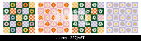 Trendy checkerboard seamless pattern set with daisy flowers Stock Vector