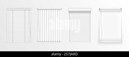 Set of horizontal and vertical blinds for window, element interior. Realistic closed window shutters, front view. Horizontal, vertical closed and open blinds for office rooms. Vector illustration. horizontal, vertical blinds Stock Vector