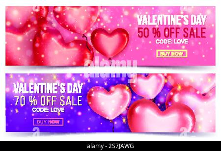 Two Sale header or banner with discount offer for Happy Valentine&rsquo;s Day celebration. Balloons in the shape of heart. Vector illustration Stock Vector