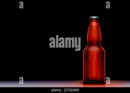 illustration of realistic cold beer bottle with water drops on dark background. cold brown beer bottle with water drops Stock Vector