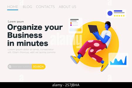 3d cartoon man with tablet flies around statistical data. Landing page template. Vector illustration. 3d cartoon man with tablet flies around statistical data. Landing page template. Stock Vector