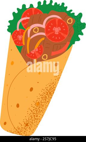 Doner kebab. Turkish and Arabic fast food with lettuce, chicken, tomato, onion, pepper. Hand drawn vector illustration Stock Vector