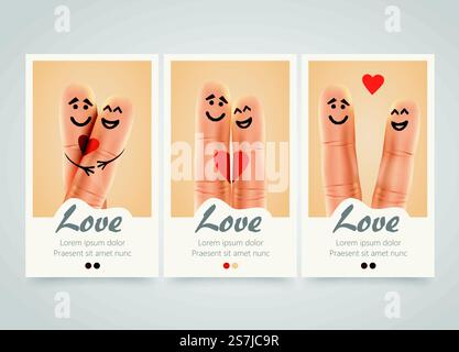 Modern colorful vertical love motive banners. Pair of happy fingers smiley in love. photo session flyer or wedding invitations set. Backgrounds with selfie fingers. Vector illustration. Modern colorful vertical love motive banners. Pair of happy fingers Stock Vector