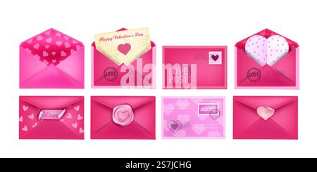 Valentine&rsquo;s Day vector love letter envelopes realistic set with heart-shaped postcards, sealing wax. Holiday romantic opened and closed mail collection in pink. Isolated Valentine&rsquo;s Day envelopes Stock Vector