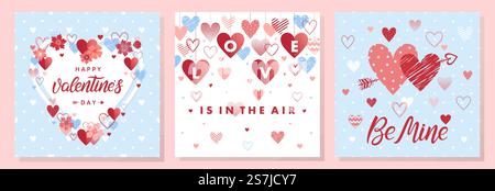 Collection of creative Valentines Day cards.Hand drawn lettering with hearts,arrows and flowers.Romantic illustrations perfect for prints,flyers,posters,holiday invitations and more.. Collection of creative Valentines Day cards Stock Vector