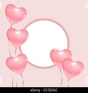 Top view copy space round shape frame, display, podium, stand light pink background with heart balloons mockup template. Ready to use for your design or business. Vector illustration. Stock Vector