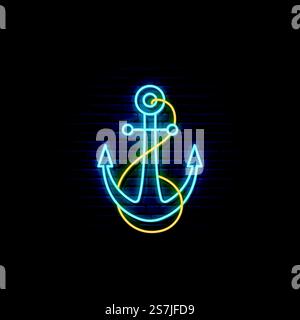 Neon anchor sign. Glowing anchor icon on dark brick wall background. Marine emblem. Stock vector illustration. Stock Vector