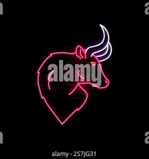 Neon Bull sign. Glowing red bull emblem. Neon signboard. 2021year symbol. Vector illustration. Stock Vector