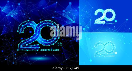 Set of 20th Anniversary logotype design, Twenty years Celebrating Anniversary Logo for celebration event. Network Connecting Dot Polygon Geometric, Abstract Connected Dots Tech Number, infinity logo Stock Vector