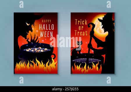 Happy Halloween Night Party, Halloween witch preparing magic potion in cauldron. Old witch with Cat brew a magic potion and full moon Background for invitation card, social media, banner, Poster. trick or treat. Horror monsters. Stock Vector